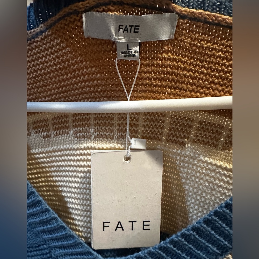 NWT Fate Blue Tan Striped Knit V-neck Sweater Fringe Scalloped Bottom Large - Picture 2 of 8